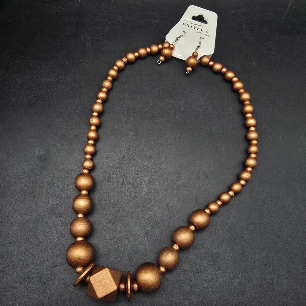 Bronze Tone Wood Beaded Necklace Earrings Set Pastel NOS